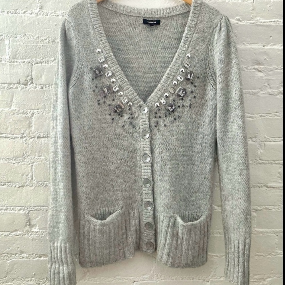 Express Bling Jeweled Wool Blend Sweater 3/4 Button Sparkly Cardigan 90s Party M